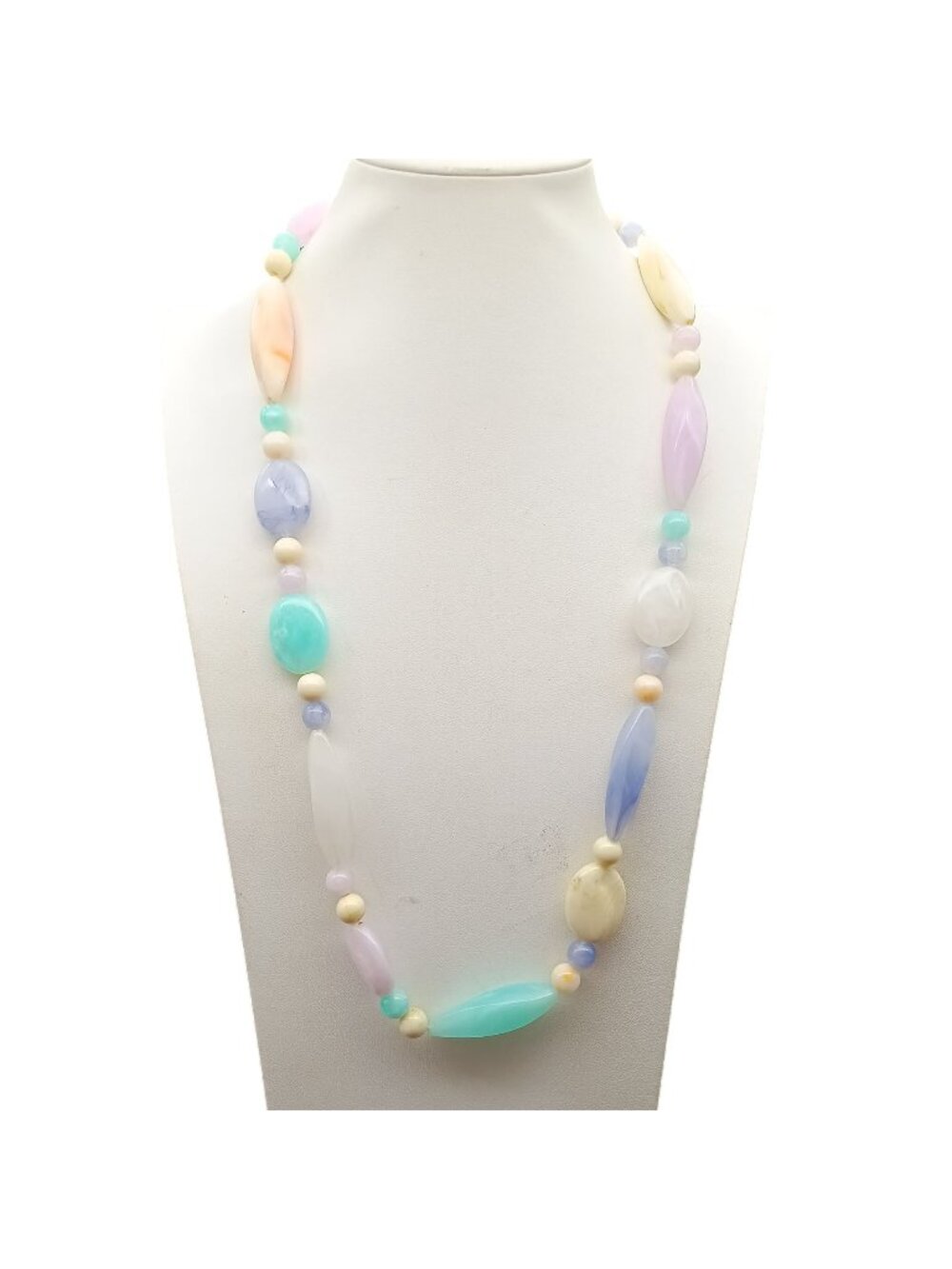 Multi-Pastel Beaded Necklace with Oval & Round Shapes Silver Clasp 30 Inches Vin